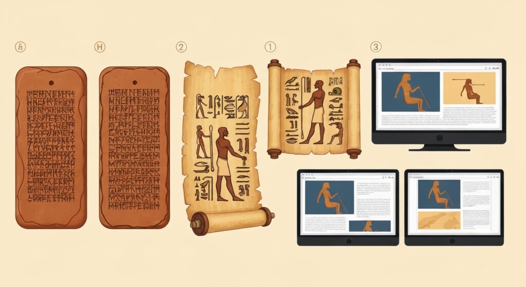 Ilustração da evolução da escrita, de rolos antigos a telas digitais modernas.