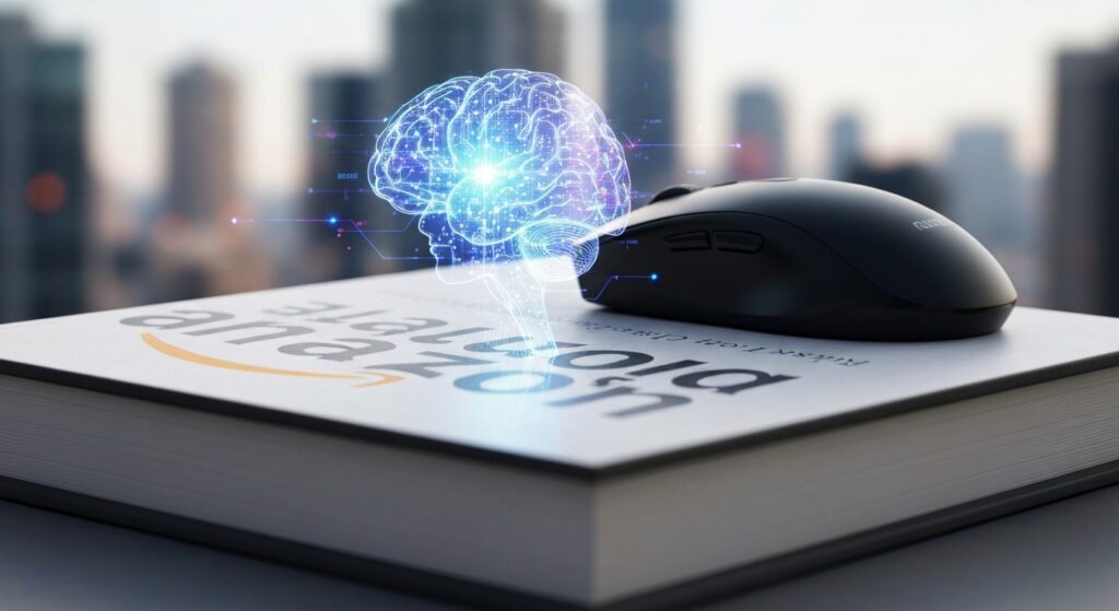 Capa de livro com logo da Amazon e elementos de IA e mercado editorial