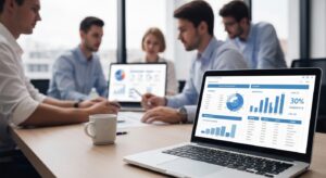 Escritório com laptop exibindo dados de vendas e logística, representando a integração B2B de pedidos