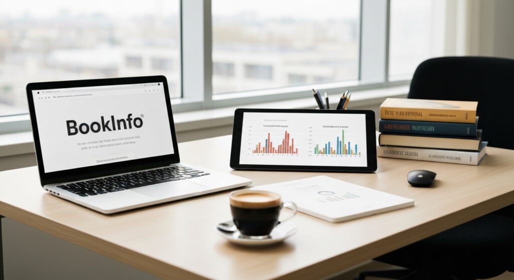 Mesa de trabalho com laptop exibindo BookInfo, livros e gráficos de mercado