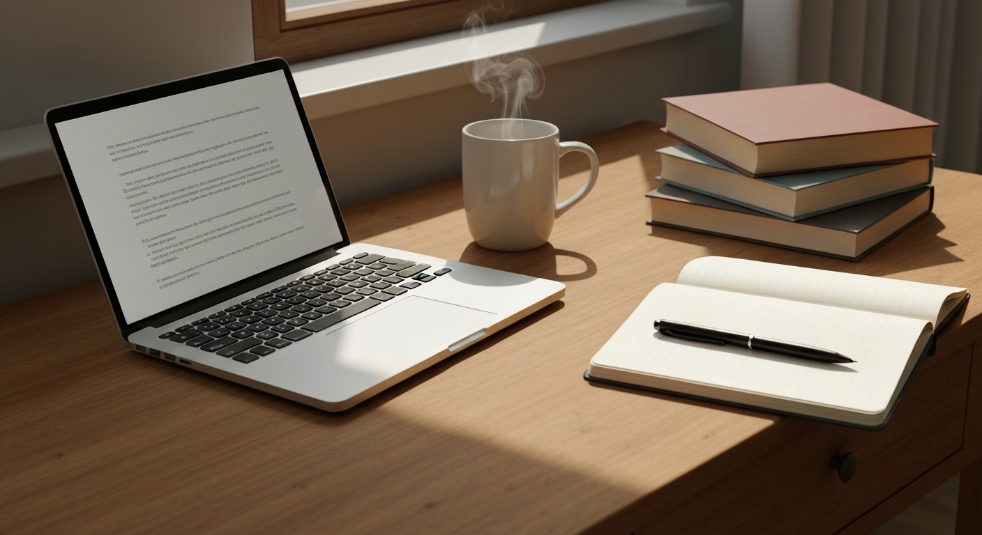 Mesa de escritor com elementos que inspiram a criação literária, como laptop, livros e café, sob luz suave.