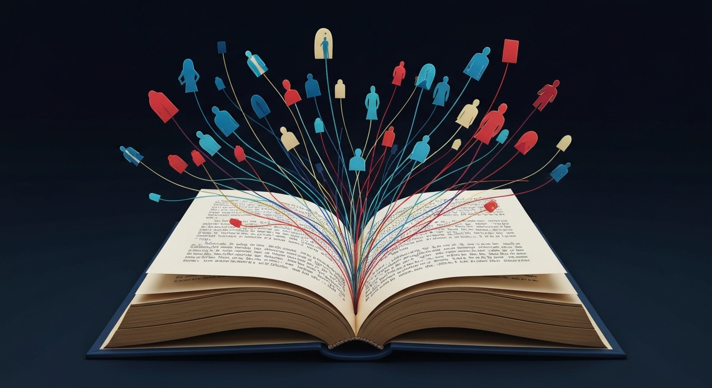 Ilustração conceitual de engrenagens e elementos de enredo se encaixando para formar um livro, representando como estruturar um romance de ficção.