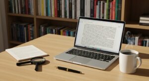 Mesa de trabalho com manuscrito, lupa e livros, simbolizando a revisão profissional de livros