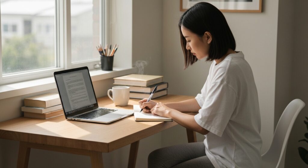 Mulher organizando rotina de escrita em um escritório doméstico aconchegante