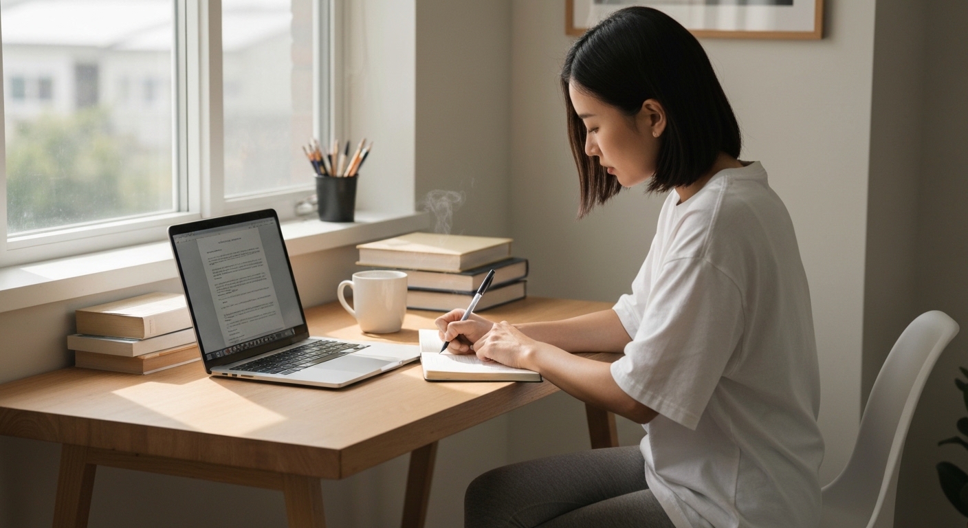 Mulher organizando rotina de escrita em um escritório doméstico aconchegante