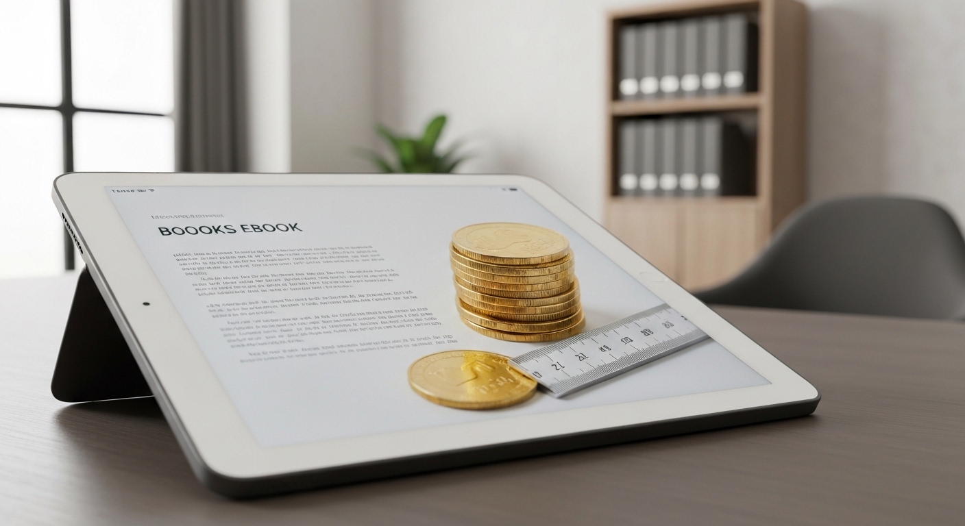 Ilustração conceitual de um ebook sendo precificado com moedas e régua.