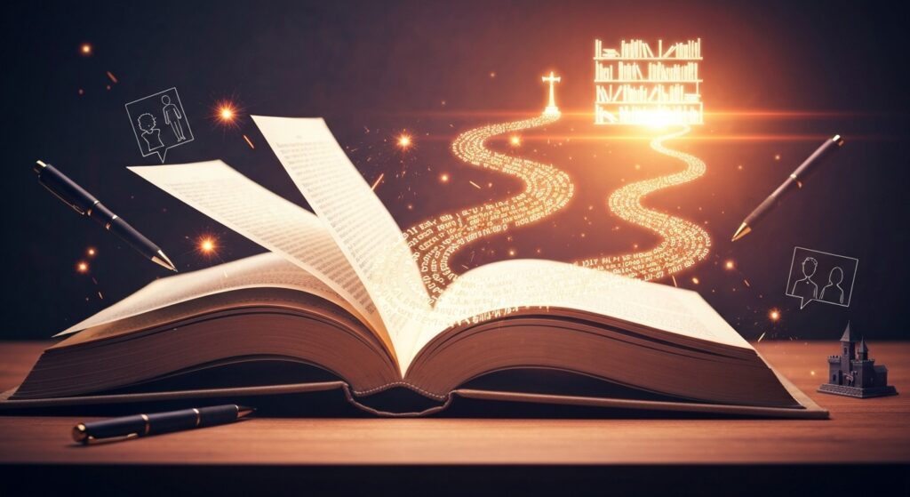 Caminho iluminado de palavras e ideias emanando de um livro, representando a jornada de como se tornar um escritor de sucesso.