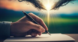 Mão de escritor segurando uma caneta sobre a página em branco, com luz dourada dissipando nuvens escuras ao fundo, simbolizando a superação dos desafios do escritor iniciante e a inspiração para começar a escrever.