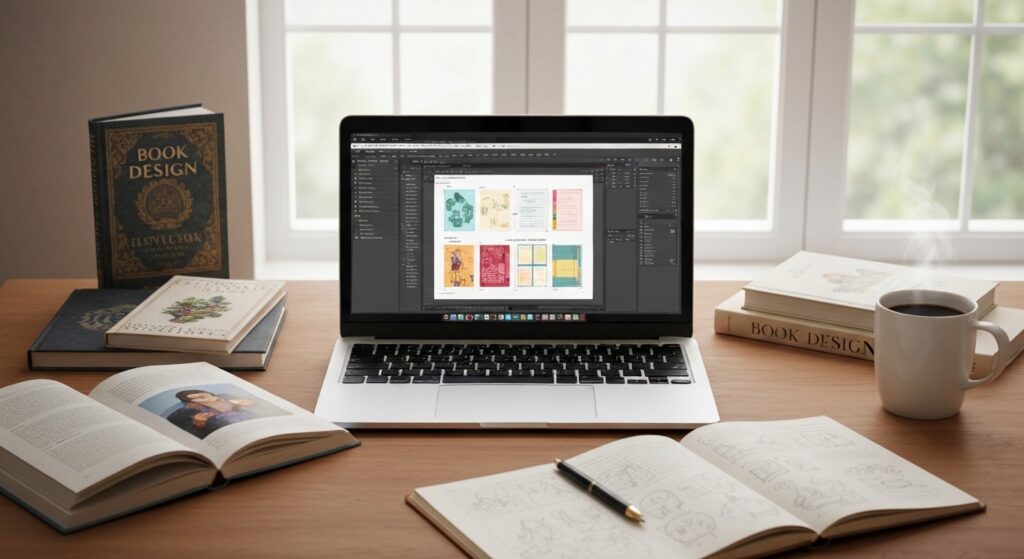 Workspace com ferramentas de diagramação de livro