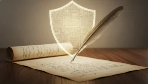 Escritor revisando documento com símbolo de direitos autorais, protegendo suas obras.