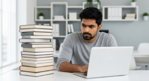Escritor pensativo com livros e laptop, refletindo sobre o futuro da publicação.