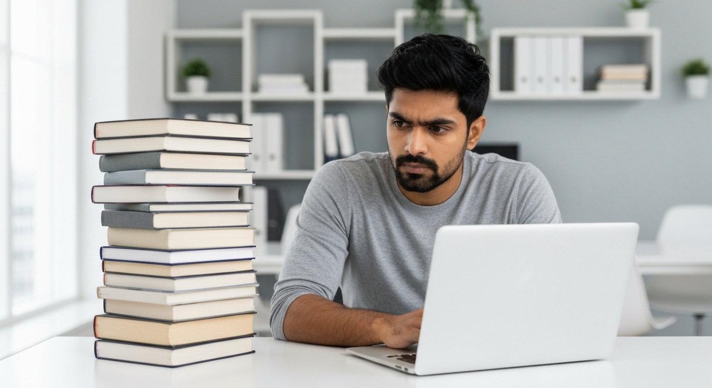 Escritor pensativo com livros e laptop, refletindo sobre o futuro da publicação.