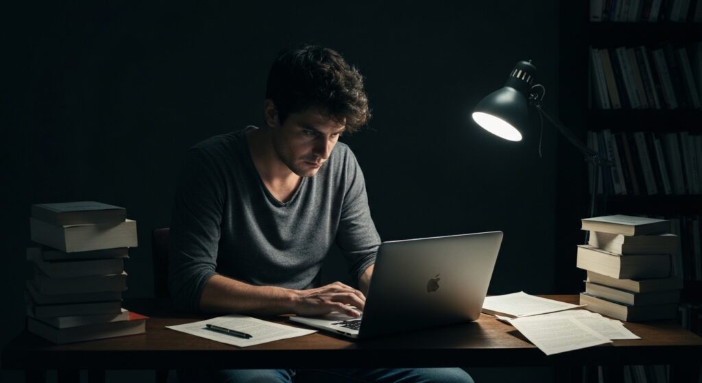 Escritor em ambiente de trabalho intenso e isolado, refletindo sobre o romantismo do fracasso.