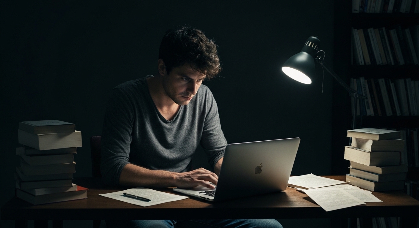 Escritor em ambiente de trabalho intenso e isolado, refletindo sobre o romantismo do fracasso.