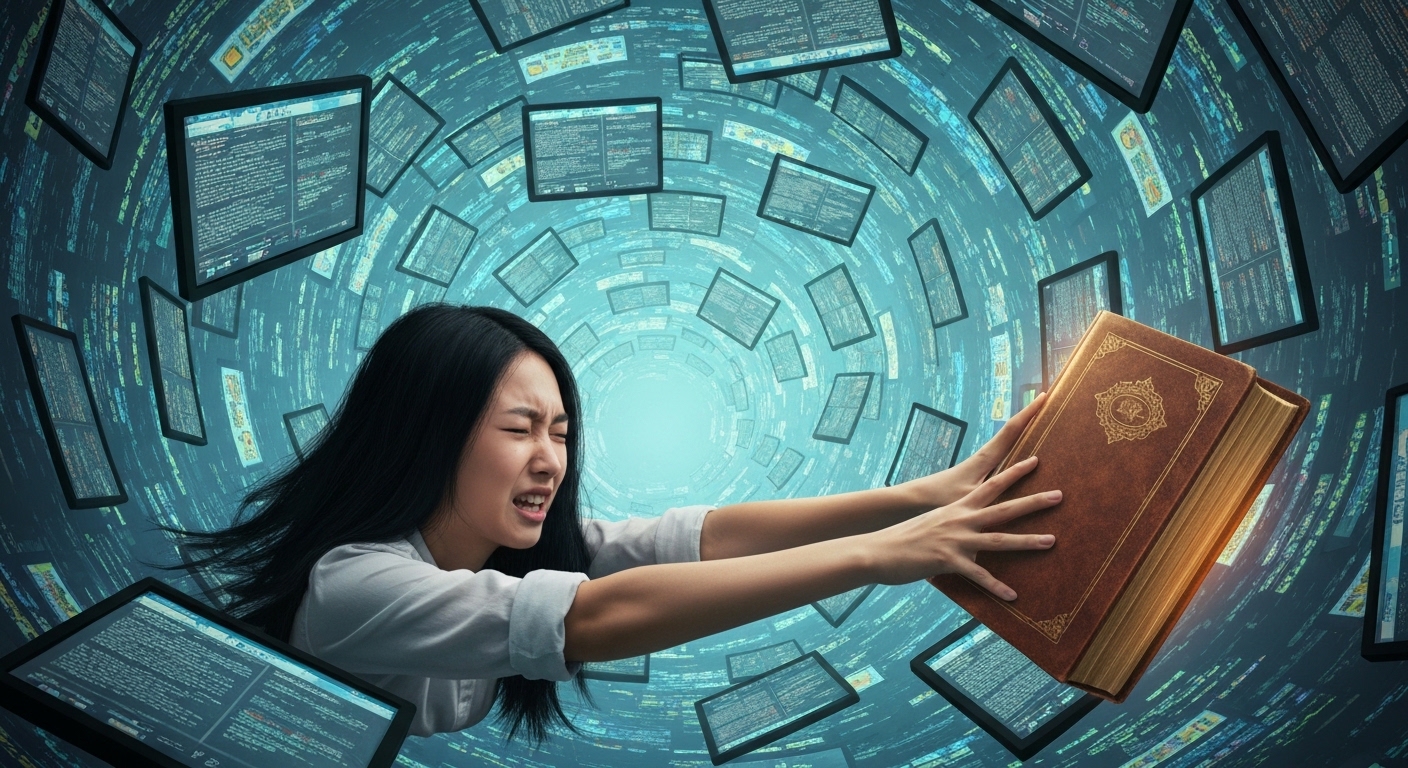 Pessoa lutando contra o excesso de conteúdo digital enquanto tenta alcançar um livro.