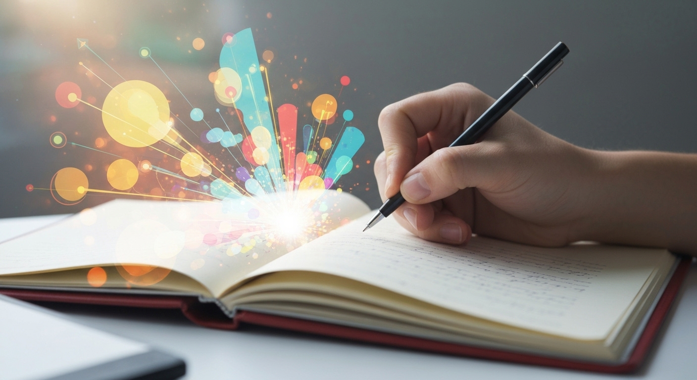 Mão escrevendo em um caderno, de onde emergem ideias luminosas e formas abstratas, ilustrando o desbloqueio da criatividade através de exercícios de escrita criativa para iniciantes.