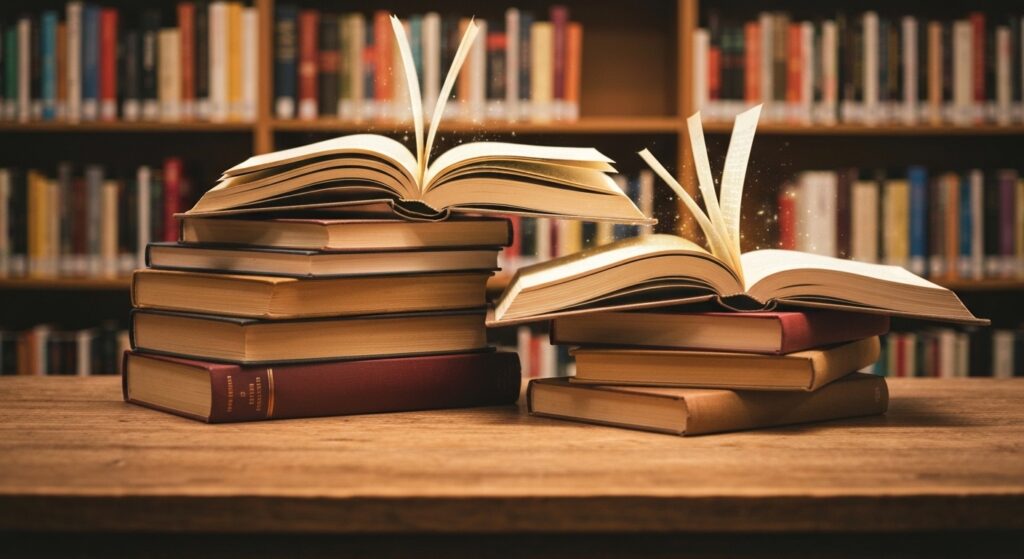 Livros em uma mesa com luz suave, simbolizando o futuro da leitura