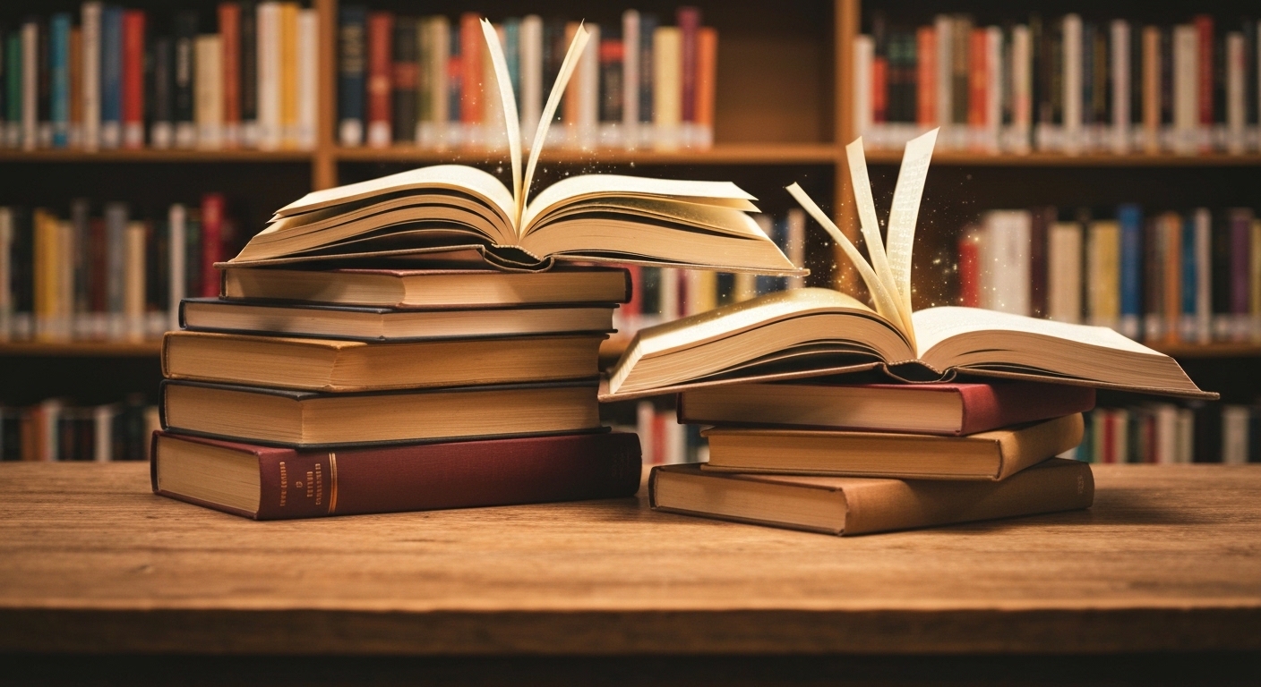 Livros em uma mesa com luz suave, simbolizando o futuro da leitura