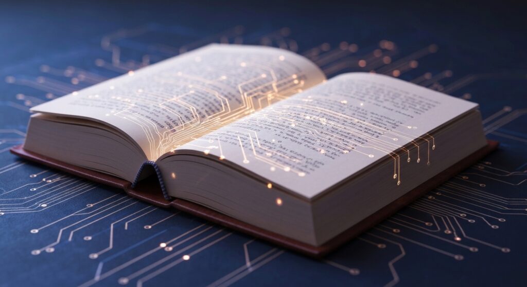 Livro se fundindo com circuitos digitais, simbolizando a IA na literatura.