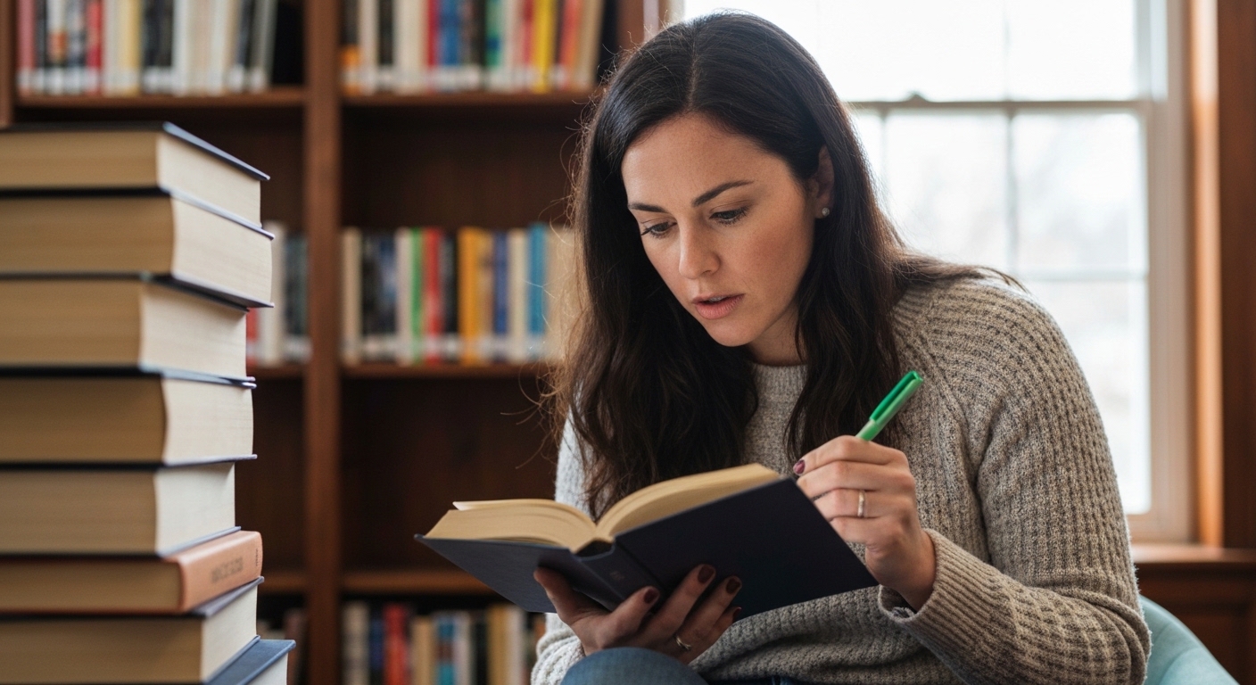 Pessoa praticando leitura ativa com um livro e anotações