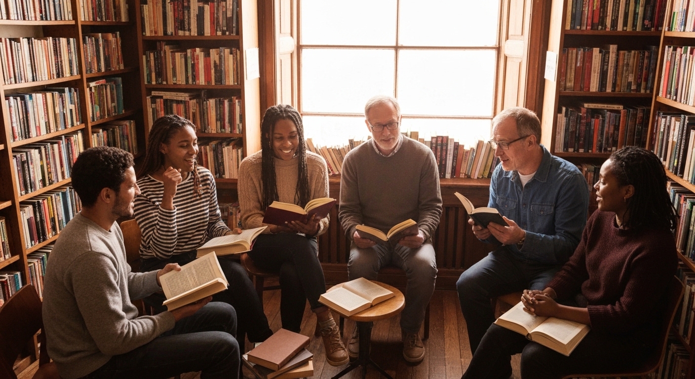 Grupo diverso de pessoas em um clube de leitura discutindo livros em uma biblioteca acolhedora.