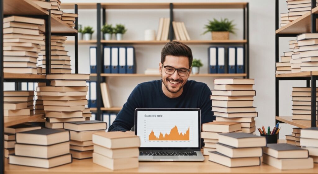 Escritor iniciante celebrando o sucesso de marketing do seu livro