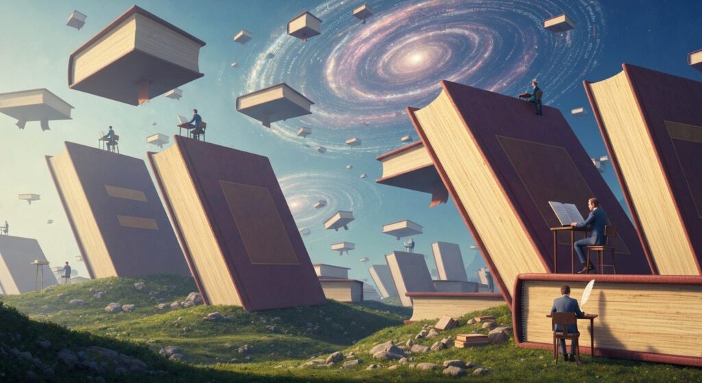 Paisagem surreal de livros gigantes crescendo da terra com autores trabalhando ao redor.