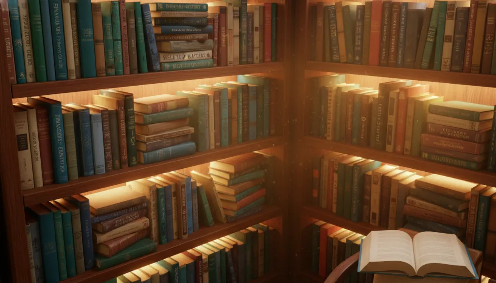 Ilustração vibrante de pilhas de livros populares, destacando os nichos de livros que mais vendem.