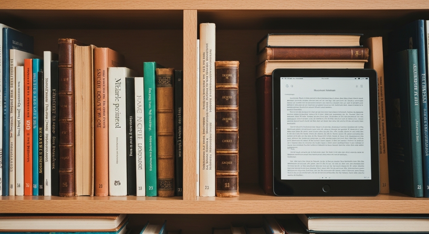 Coexistência do livro impresso e digital em uma prateleira.