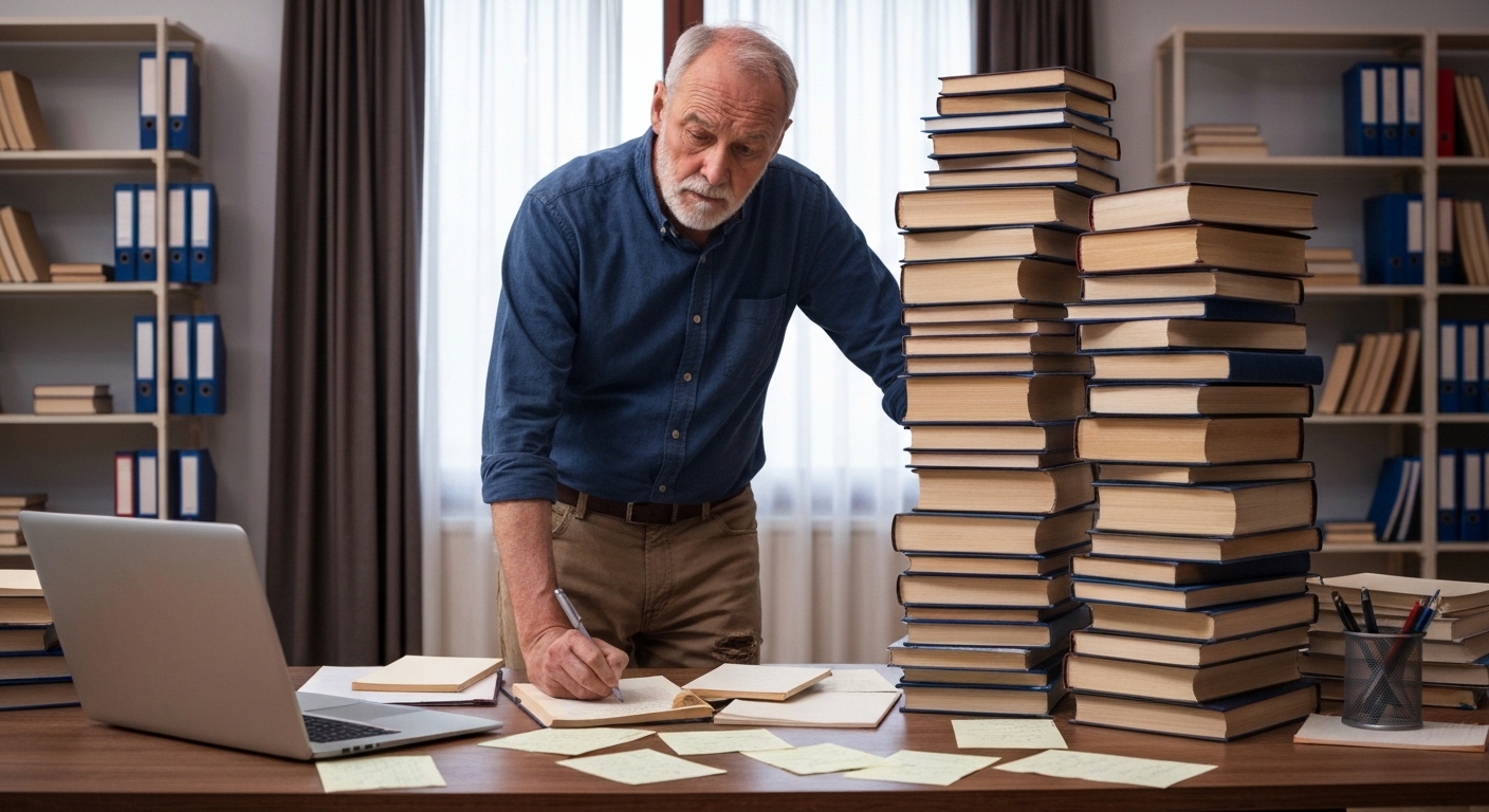 Escritor em frente a livros, refletindo sobre o processo de publicação.
