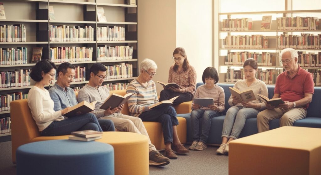 Pessoas de diferentes idades lendo em uma biblioteca moderna e acolhedora.