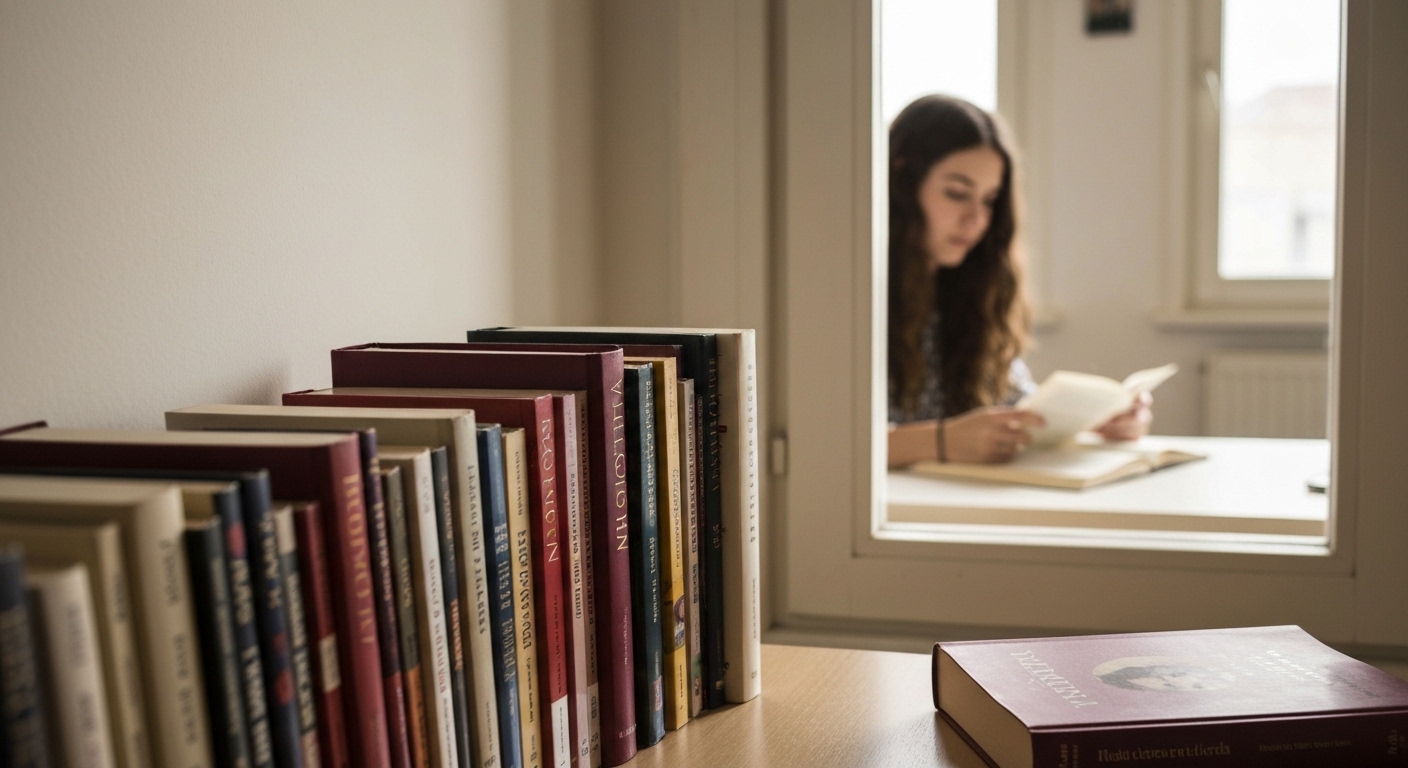 Pilha de livros de não ficção sobre uma mesa, com pessoa lendo ao fundo.