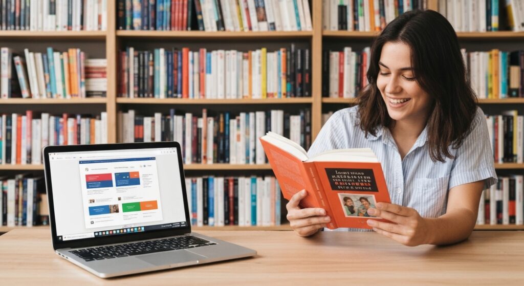 Autor feliz segurando livro publicado com fundo de estante e laptop