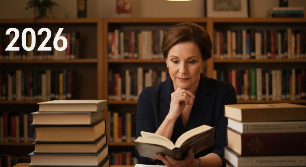 Pessoa examinando um livro em uma biblioteca, representando o custo e o processo de publicação de livros.