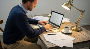 Escritor trabalhando em sua mesa com manuscritos e laptop