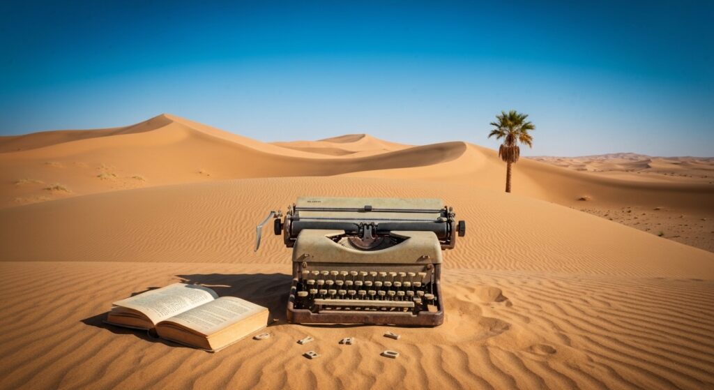 Mesa de escritor com máquina de escrever antiga, simbolizando a romantização e a realidade da escrita.