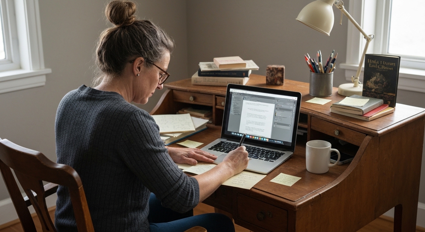 Escritor usando o software Scrivener em um ambiente de trabalho organizado e inspirador.