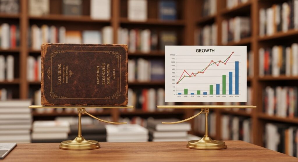 Balança simbolizando sorte e estratégia no sucesso literário