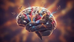 Ilustração vibrante de uma pessoa escrevendo, simbolizando o poder da escrita criativa para gerar ideias.