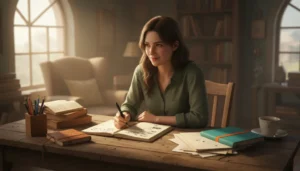 Pessoa escrevendo em caderno, focando em desenvolver estilo de escrita criativa.