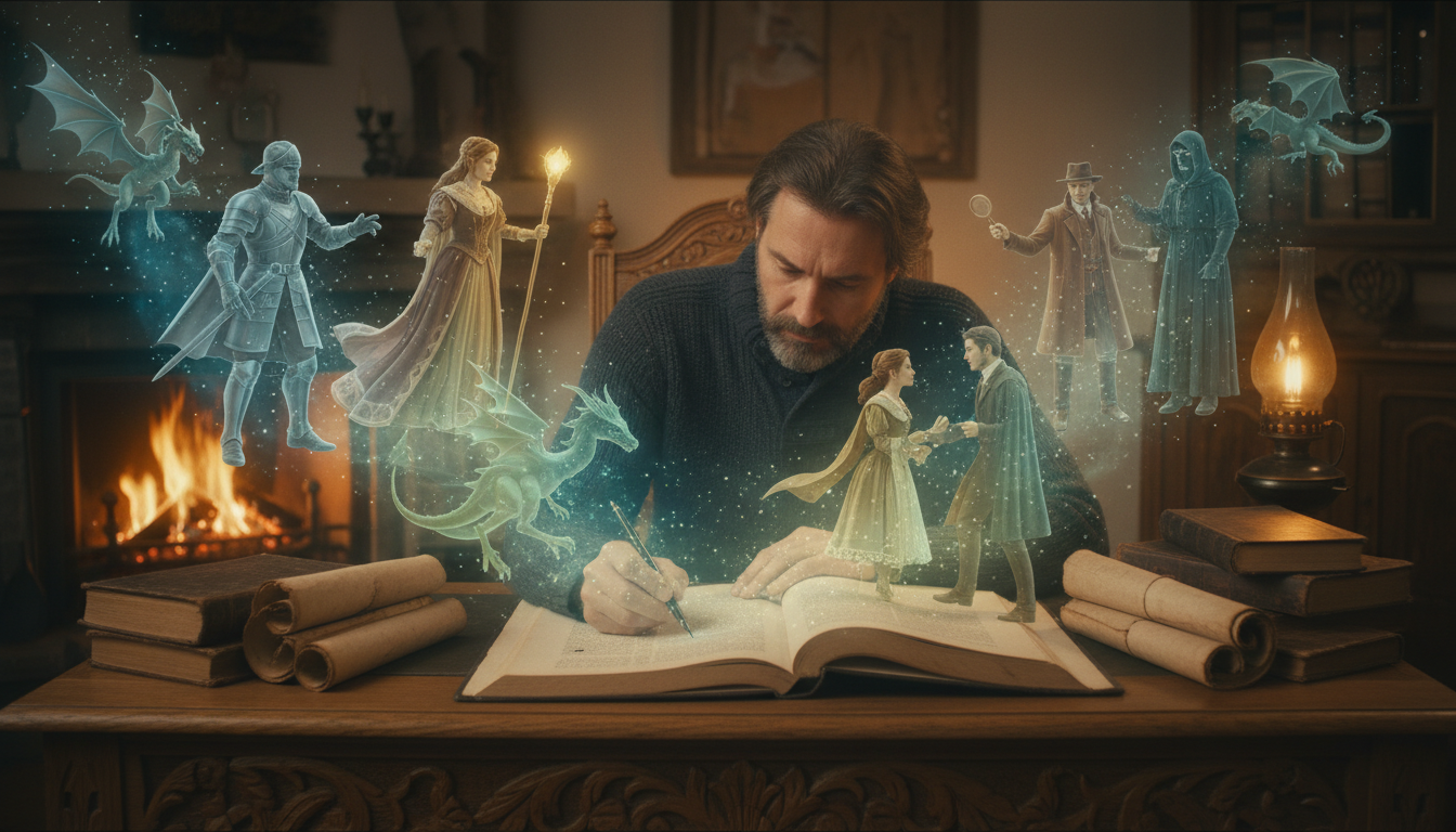 Escritor criando personagens complexos que ganham vida a partir de um manuscrito.