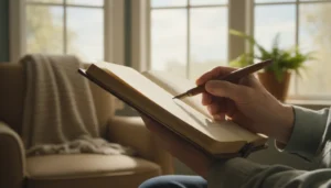 Pessoa escrevendo em diário com flores, abordando escrita criativa e saúde mental.