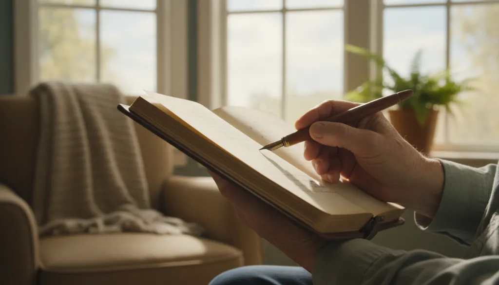Pessoa escrevendo em diário com flores, abordando escrita criativa e saúde mental.
