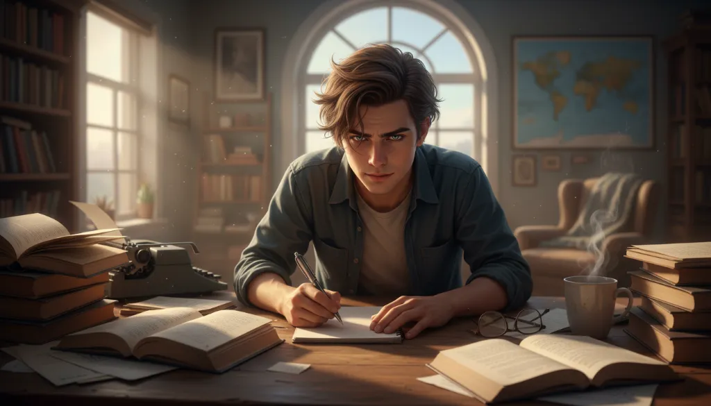 Ilustração vibrante de ideias fluindo, representando técnicas essenciais de escrita criativa