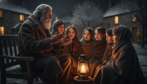 Ancião contando histórias para crianças fascinadas em uma noite de inverno.