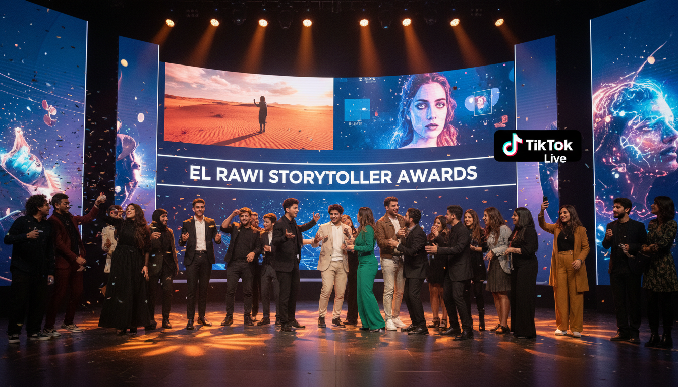 Jovens criadores de conteúdo celebrando em cerimônia de premiação com telas digitais e logo do TikTok Live