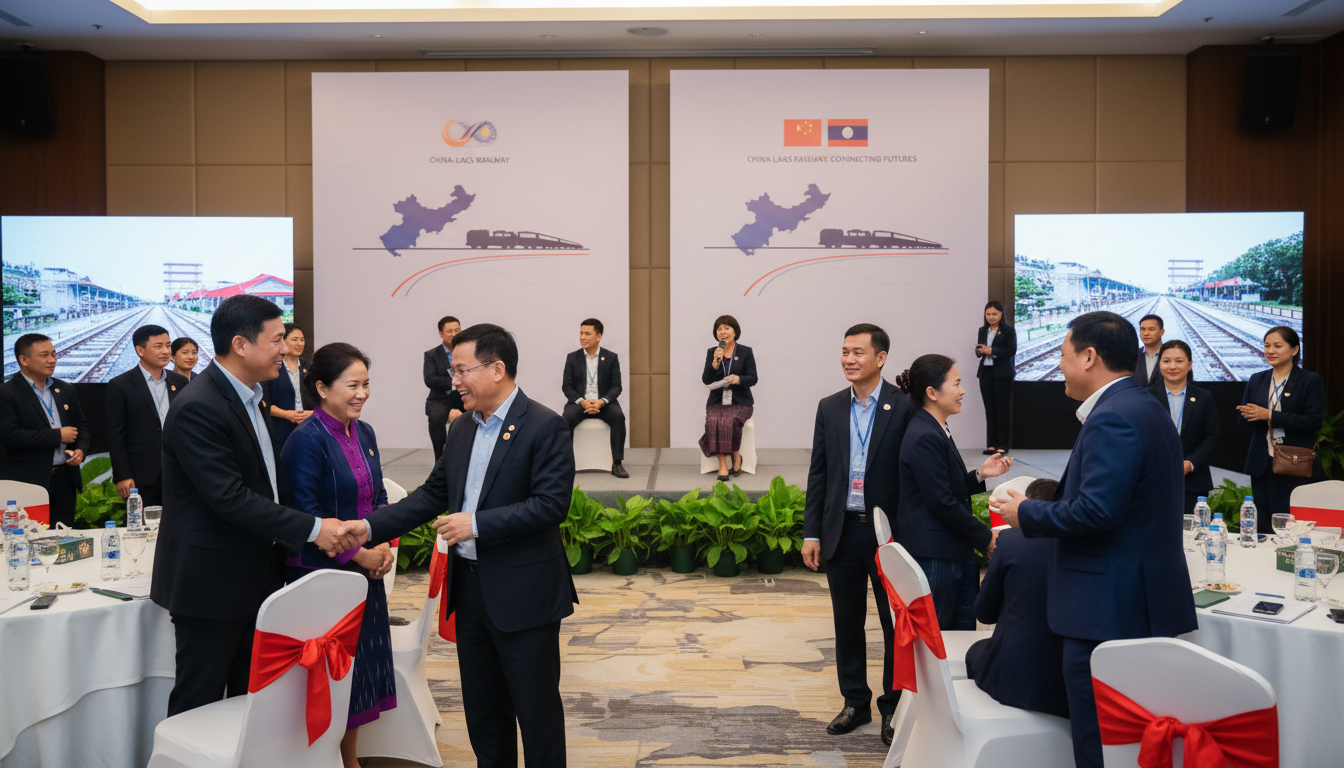 Evento de storytelling em Vientiane celebra o impacto da Ferrovia China-Laos com participação de oficiais e cidadãos.