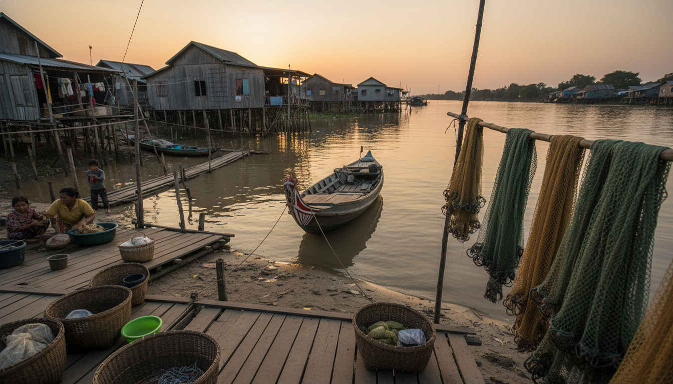 Comunidade ribeirinha na Bacia do Rio Mekong ao pôr do sol, com barcos e casas sobre palafitas.
