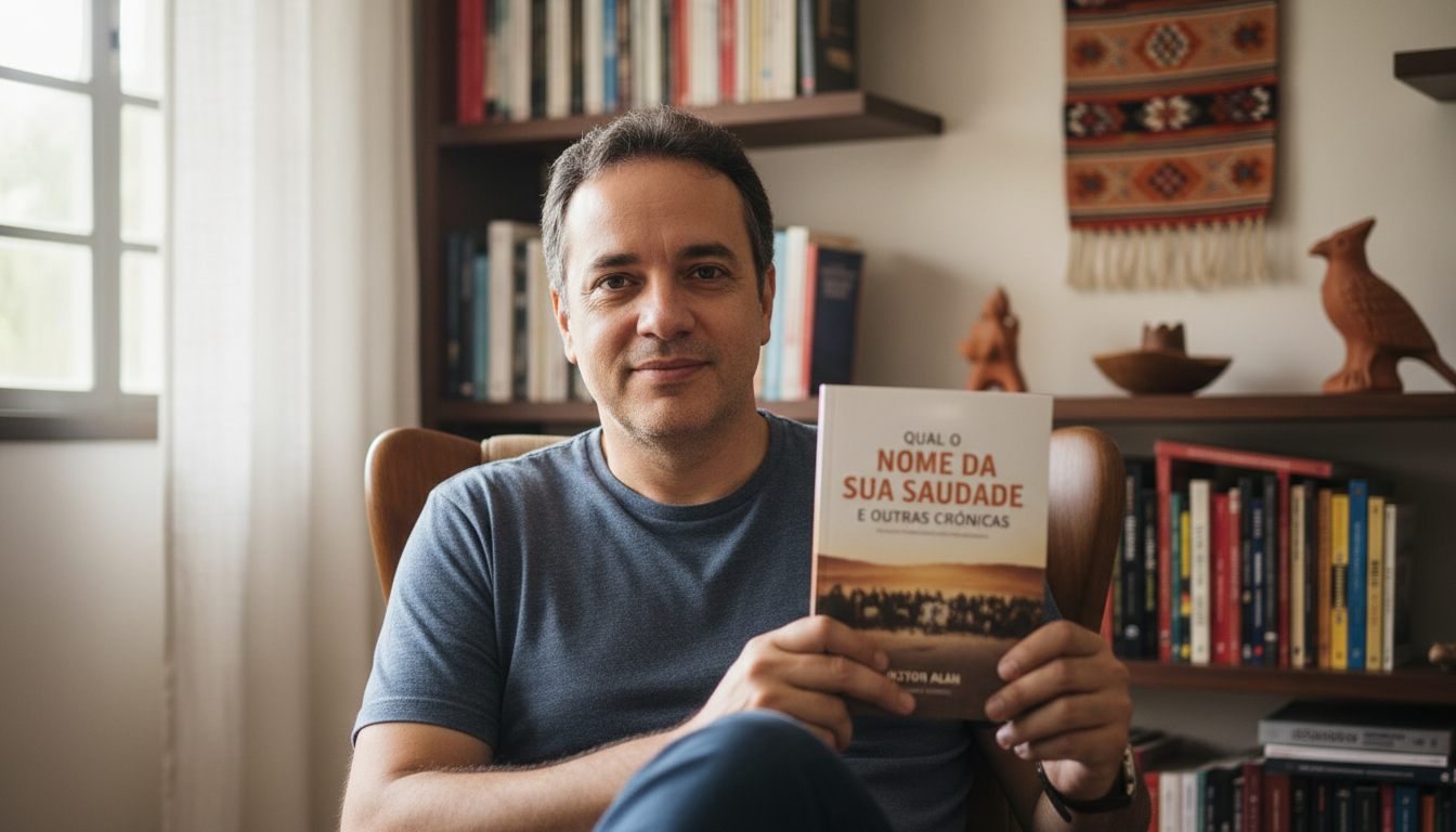 Professor e autor cearense Victor Alan segurando seu livro de crônicas