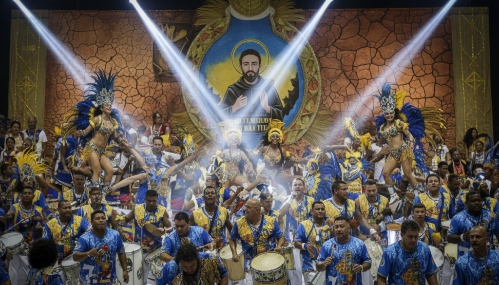 Membros da escola de samba Unidos da Tijuca ensaiam para o carnaval 2027 com fantasias vibrantes inspiradas no enredo literário.